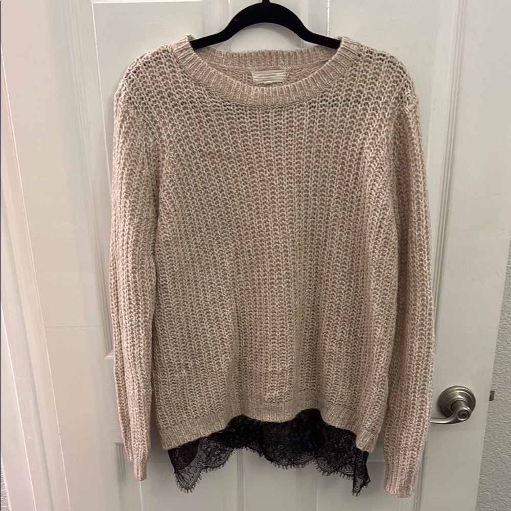 no comment Light Tan Knit Sweater with Black Lace Hem